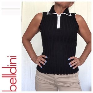 BELLDINI BLACK RIB KNIT SLEEVELESS RHINESTONE ZIPPER SWEATER SMALL